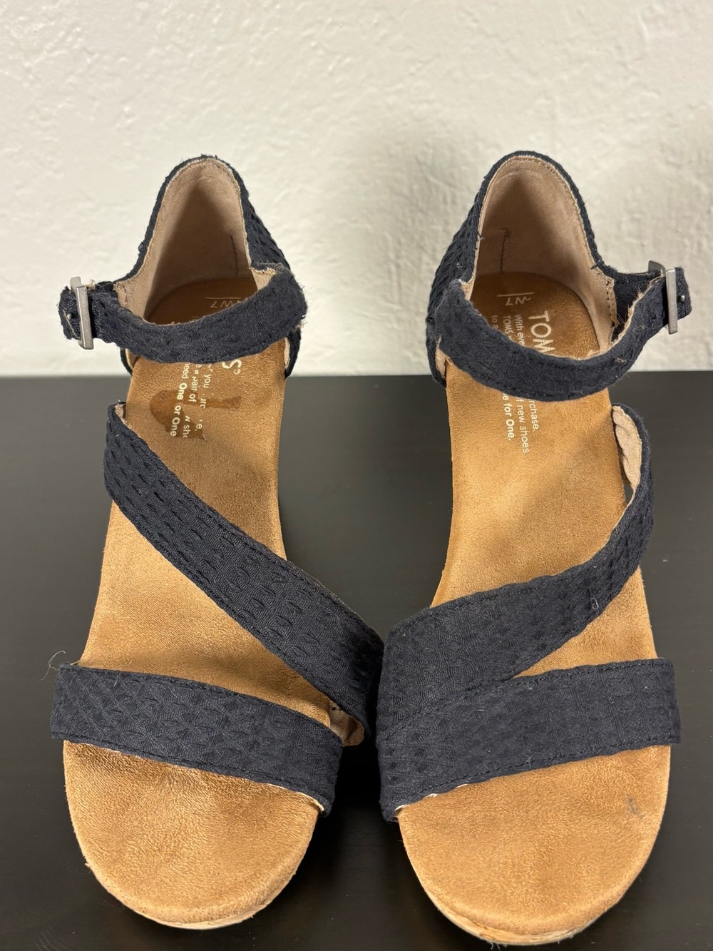 Toms Black Woven Canvas Cork Wedge Summer Spring Classy Sandals  Ankle Strap - Picture 4 of 13